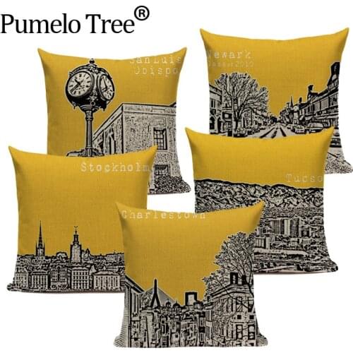 Vintage Building Yellow Throw Pillow Farmhouse Hotel Office Party Pillow Covers Stylish Lumbar Houseware Decorative Pillowcase