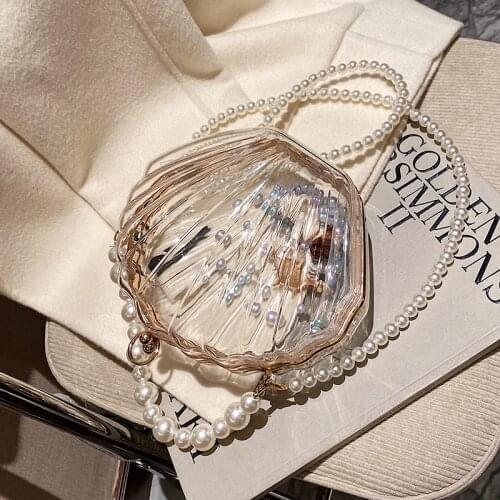 High Quality Pearl Chain Shoulder Bag for Women Transparent Plastic Shell Fashion Ladies Messenger Bag 2021 New Handbags