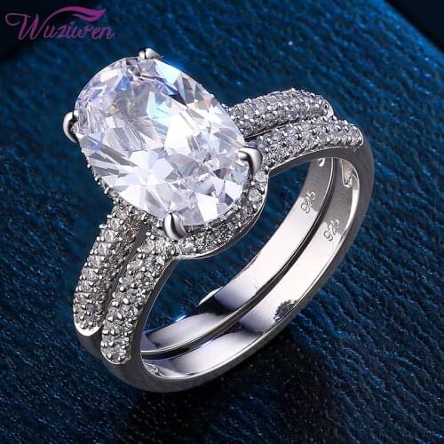 Wuziwen 2 Pieces Solid 925 Sterling Silver Engagement Ring Wedding Band Bridal Set Oval Shape AAAAA Zircon Grand Jewelry BR0875