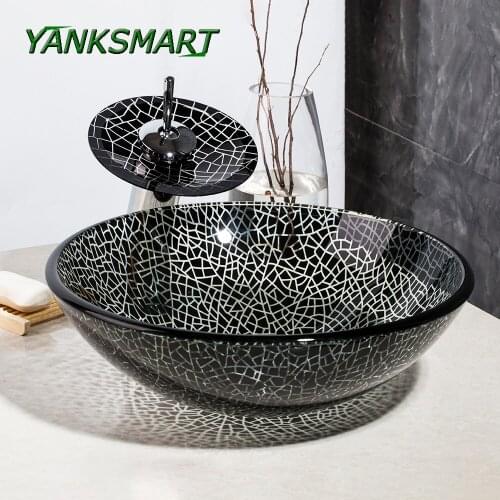 YANKSMART Hand Painting Bathroom Black & White Washbasin Tempered Glass Vessel Sink + Waterfall Oil Rubbed Bronze Faucet Set