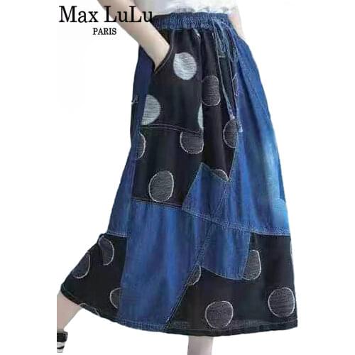 Max LuLu Spring Style 2021 Womens Dot Denim Skirts Ladies Drawstring Patchwork Skirt Female Vintage Elastic Clothing Plus Size
