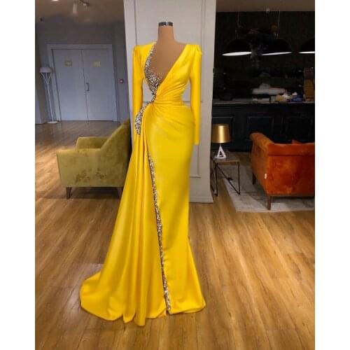 Yellow Mermaid Formal Prom Dresses Long Sleeves Shiny Crystals Beaded V Neck Evening Dress Party Gowns Full Length