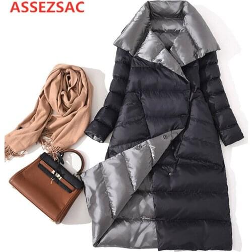 ASSEZSAC Women Double Sided Down Long Jacket Winter Turtleneck White Duck Down Coat Double Breasted Parkas Warm Snow Outwear