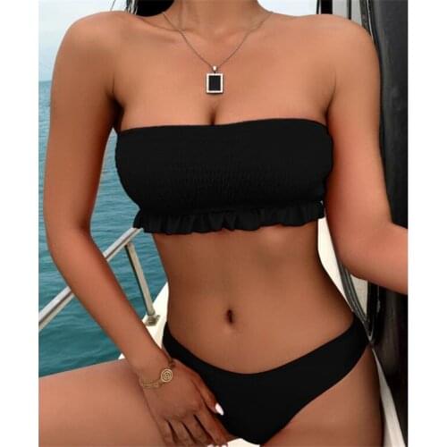 Women Strapless Swimwear Ruffle Solid Color Flouncing Off-Shoulder Push Up Swimsuit For Women Low Waist Briefs Tube Bikini 2021