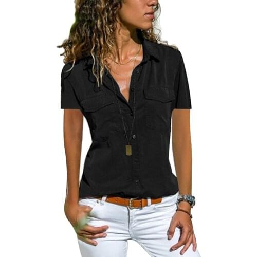 Women Short Sleeve V-Neck Cuffed Collar Shirts Blouse Tops for Summer JL