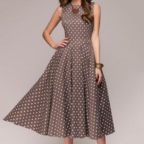 Women Vintage Dress Sleeveless O-neck 2021 Summer Vestidos Women Elegant Dot Printing Mid-Calf Casual Dress Female