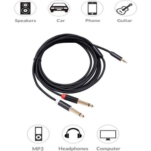 3.5mm TRS to Dual 6.5mm TS Y Splitter Cable 1/8 to Double 1/4 Braided AUX Cord Splitter Audio Cord for Mixer Amplifier Speaker