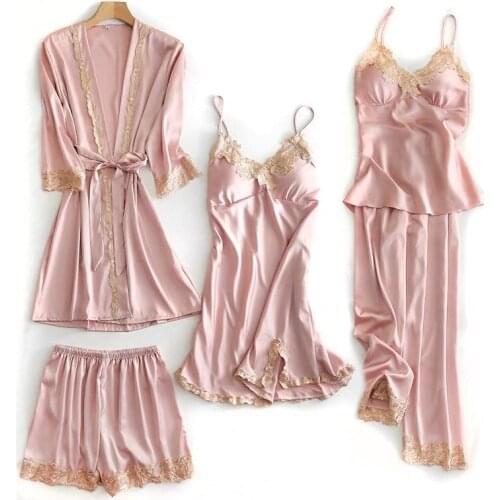 5PCS Silk Robe Sets Sleep Suit Womens Lace Satin Pajamas Gown Set V-Neck Cami Nighties Pijama Home Clothes Spring Nightdress
