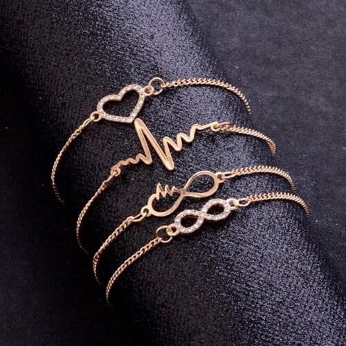 Sainio 4Pcs/Set Crystal Heart Bracelet Bangle For Women Geometric Gold Chain Bracelets Charming Jewelry pulseira feminina