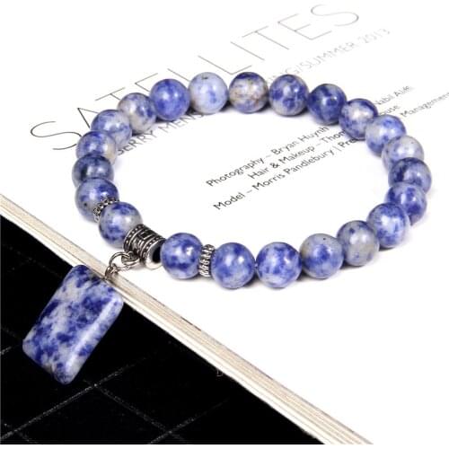 Natural Sodalite Bracelets Men Women Vintage Elastic Jewelry Mineral Rectangle Stone Bead Charm Bangle Yoga Balance Pulsera Men
