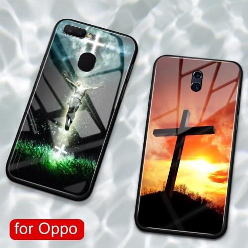 For Oppo R11s plus case glass back Jesus cross cover case for Oppo R9 R9S R11 R11S Plus R17 R15 F9 Pro Find X A7X Reno