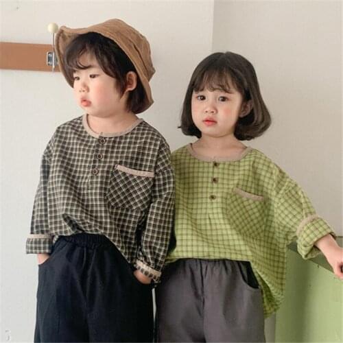 Korean style 2021 children Casual Plaid Shirts boys and girls Cotton Loose Long Sleeve Tops Shirts Clothes