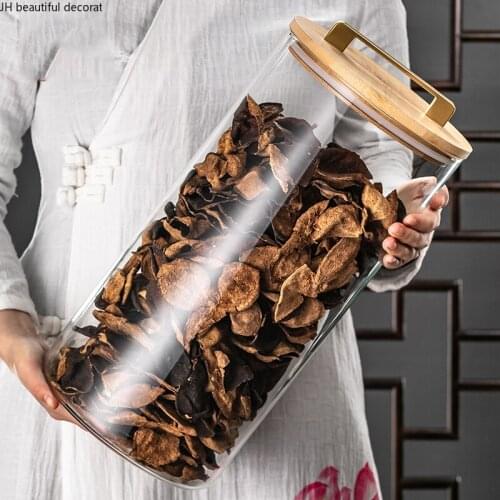 Transparent Glass Large-capacity Airtight Jar Wooden Lid Glass Storage Jar Ornaments Grain Dispenser Kitchen Storage Supplies