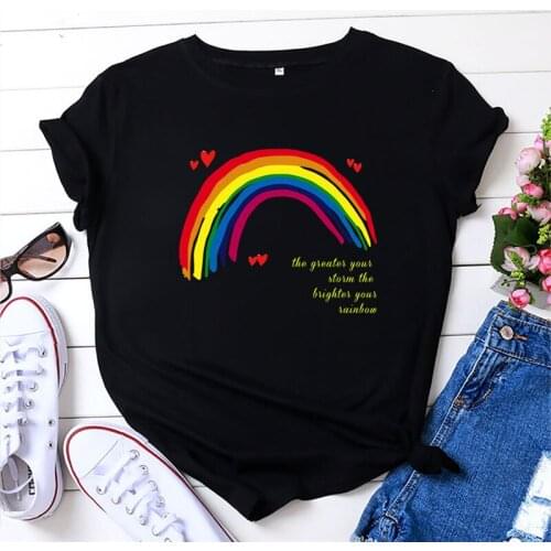 Kawaii Rainbow Letter Print TShirt Plus Size Short Sleeve O Neck Women T-shirt Women Tee 100%Cotton Summer Harajuku T Shirt Tops