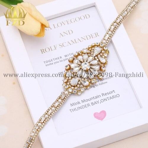 FZD Wholesale 30 pieces Handmade Beaded Sew On Hot Fix bridal belts gold Wedding Crystal Rhinestone Appliques Sash and Belts