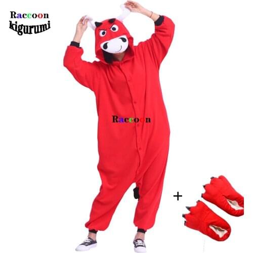 Bull Cartoon Set Adult Cartoon Jumpsuit Male Female Couples Pajamas Hallowmas Funny Red Jumpsuit Raccoon Kigurumi