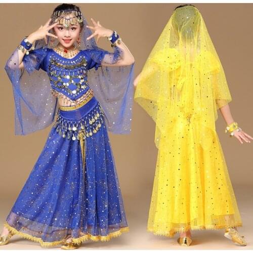 Girls Bollywood Dance Costume Set Kids Belly Dance Indian Sari Children Chiffon Outfit Halloween Top Belt Skirt Veil Headpiece