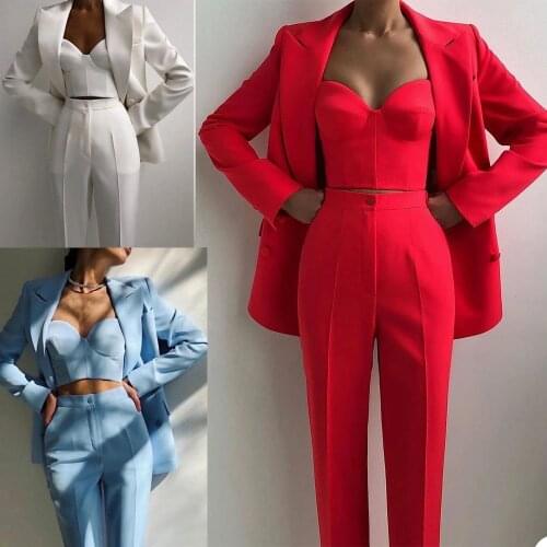 Red Mother Of Bride Ladys Blazer Suits Women Leisure Loose Ladies Club Party Wedding Outfit (Double Breasted Jacket+Pants) 2021