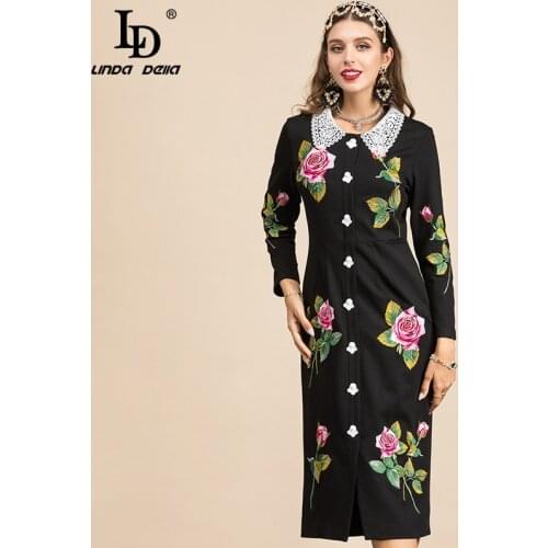 LD LINDA DELLA 2021 Summer Runway Elegant Black Dress Womens Lace Collar Button Flowers Embroidered Vintage Party Dress vestido