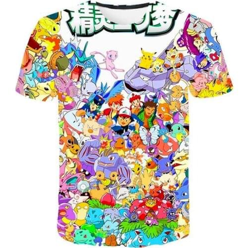 Pokemon 3D summer fashion cartoon T-shirt hip-hop street casual short-sleeved men and women printed T-shirt 4T-14TPikachu Tshirt