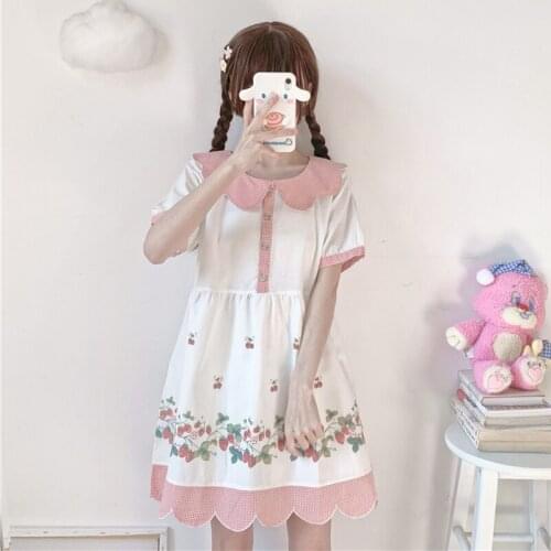 Kawaii Short-Sleeved Patchwork Womens Dress Harajuku Japanese Soft Sweet Plaid Clothing Summer Peter Pan Collar Dress Female