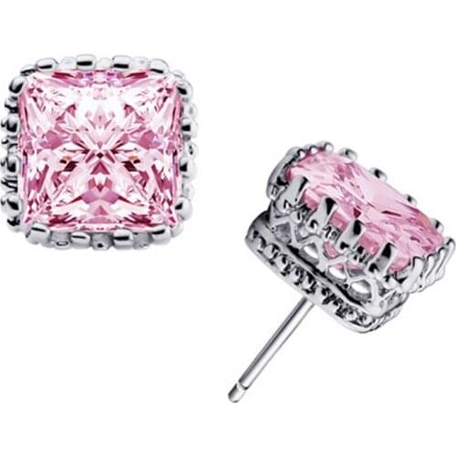 Cute Pink & Clear Cubic Zirconia Stone Square Stud Earrings For Wedding Bridal Jewelry Statement Accessories 925 Sterling Silver