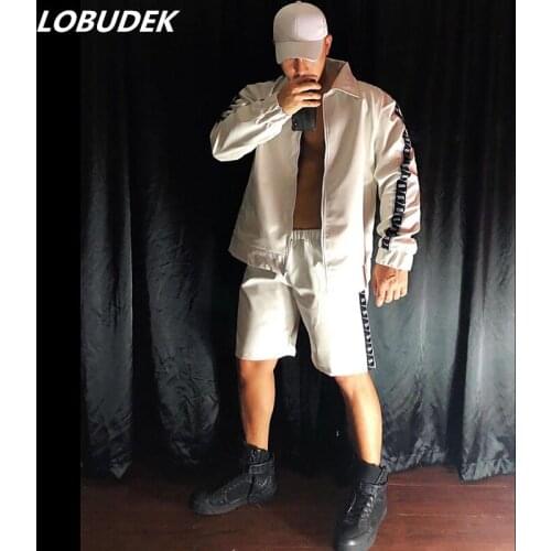 Male Rock Singer Hip Hop Sets Tide Performance Costume PU Leather Baseball Jacket Pants 2-Pieces Outfits Nightclub Bar Clothing