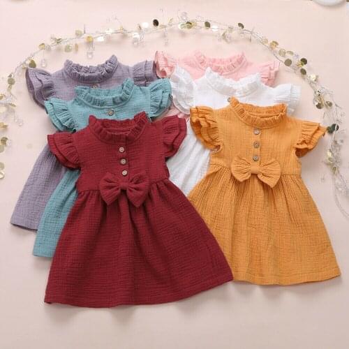 NEW 2020 Toddler Kids Baby Girls Summer Solid Linen Button Ruffle Short Sleeves Cute Bow Princess Dress Party Dress