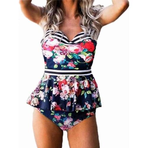 2021 New Flower Print Bikini Women Ruffle Trim Swimsuit Summer Beach Tankini Ruched Swimdress Female Biquini Bathing Suit