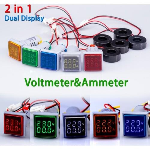 New Square 2in1 LED Digital Dual Display Voltmeter Ammeter Voltage Gauge Current Meter Measurement AC 60-500V 0-100A 22mm