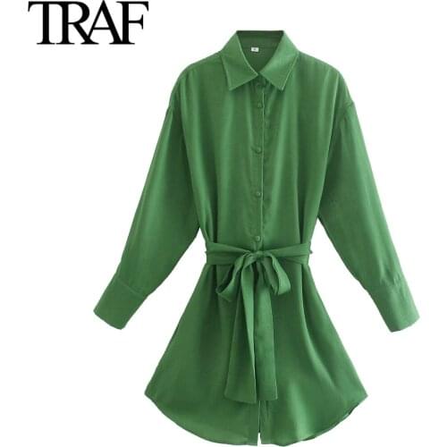 Traf Za Women Fashion Long Sleeve Dresses Bow Bandage Dress Green Vintage Button Shirt Dress Mini Dress Vestidos Mujer