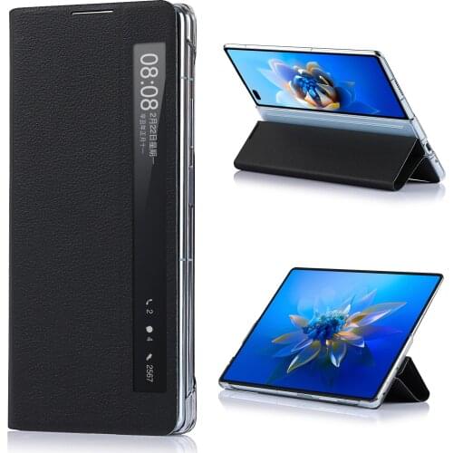 Luxury Lychee Pattern Genuine Leather Case for Huawei Mate X2 Smart Window Flip Cover Huawei Mate X2 5G Shockproof Fold Cover