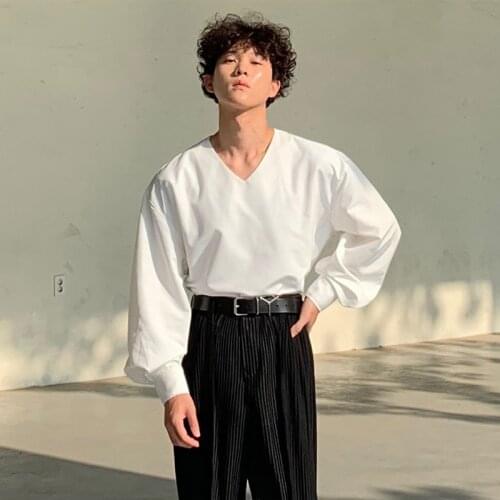 Mens shirt temperament spring and summer loose v-neck shirt fashion Han tie pullover make a solid color chic new long-sleeved