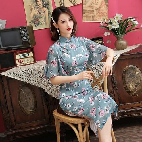 Sheng Coco Silk Cheongsam Double Layer Chiffon Fabric Crescent Sleeve Polyester Stand Collar Chinese Modern Qipao Dresess Party