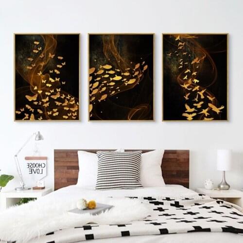 Nordic Vintage Golden Flying Bird Fish Butterfly Glare Streak Canvas Painting Wall Art Picture For Living Room Decoration