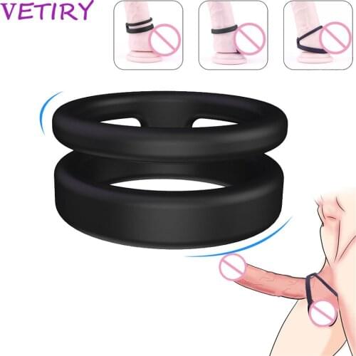 VETIRY Silicone Penis Ring Dual Ring Delay Ejaculation Sex Toys for Men Erection Penis Enlargement Cock Ring Scrotum Bind