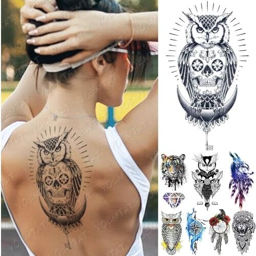 Waterproof Temporary Tattoo Sticker Compass Owl Skull Flash Tattoos Tiger Diamond Wolf Body Art Arm Fake Sleeve Tatoo Women Men