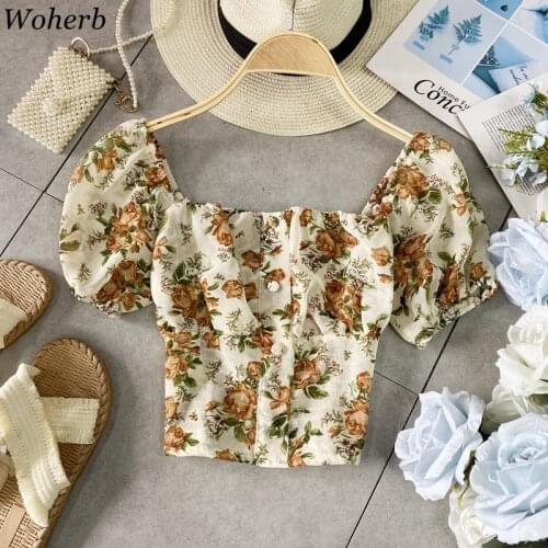 Woherb Chiffon Sweet Floral Print Shirt Puff Sleeve Short Temperament Slim Blouse Women Square Collar Bow Buttons Blouses25781
