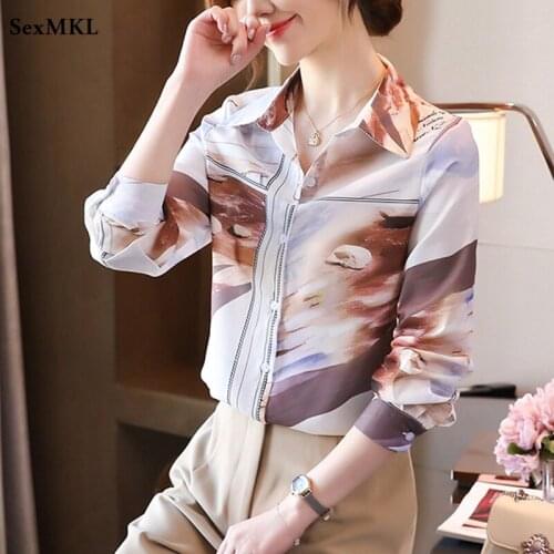 Women Autumn Long Sleeve Office Blouses 2021 Korean Fashion Printed Vintage Chiffon Shirts Elegant Sexy Ladies Tops Camisas XXL