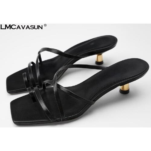 LMCAVASUN 2020 New Womens Slide Sandals Black Metal thin Heel 5cm Women Slippers Flip-flop Rome Sandals