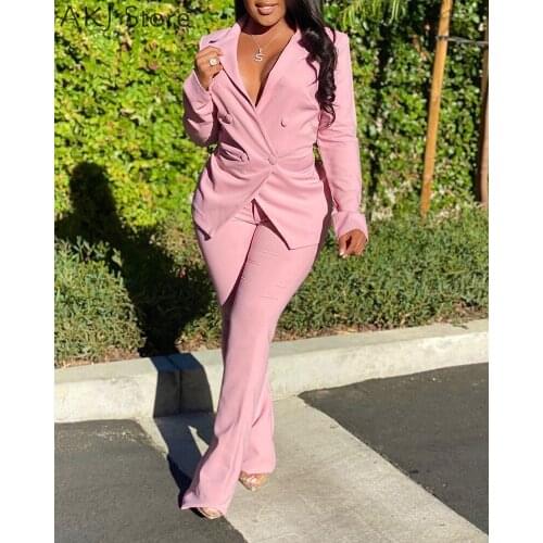 Women Notched Collar Button Design Blazer Coat & Bootcut Pants Set