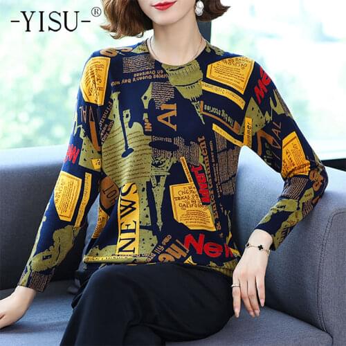 YISU Wool Knitted Sweater Women Spring Autumn O-neck Long Sleeve Loose Jumper Pullover Tops Letters Printing Sweaters Women