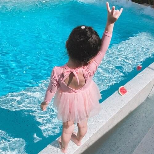 Wyoturn Long Sleeve Girls' Skirts And Swimwear Backless Bandage Pink One-piece Swimsuit Childrens Sun Protection Rash Guard New