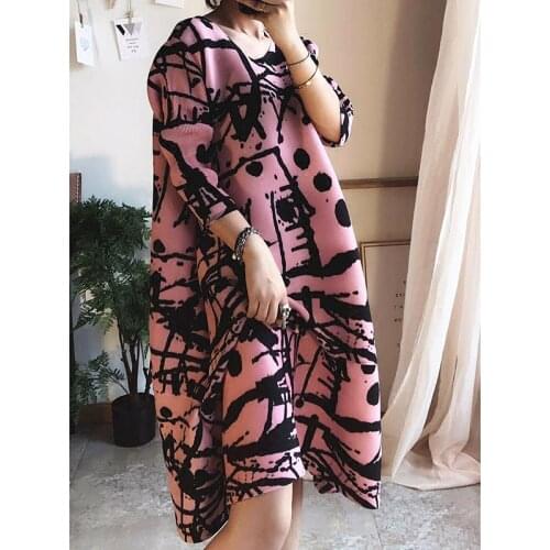 Changpleat women Printed Dress 2017 Autumn Miyak Pleated Vintage design loose long sleeve turtleneck dresses Female Plus Size
