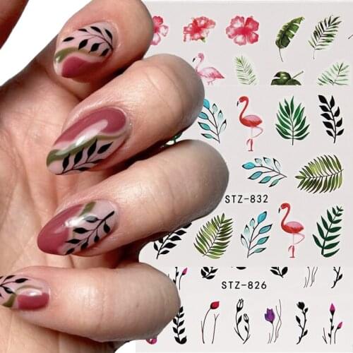3D Nail Art Stickers Colorful Green Leafs Bird Cactus Flowers Transfer Nail Sticker DIY Summer Nails Decals Nail Art Decoration