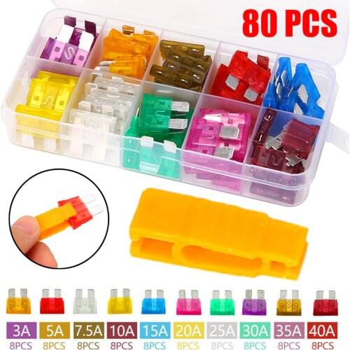 80pcs 12V Standard Blade Car Fuses Assortment Car Blade Fuse Auto Boat Motorcycle Fuse 3A 5A 7.5A 10A 15A 20A 25A 30A 35A 40A