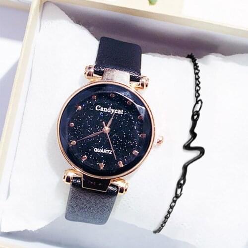 XSVO Sparkling Starry Sky Women Watch Small Belt Simple Casual Elegant Dress Leather Quartz Watches Ladies Clock