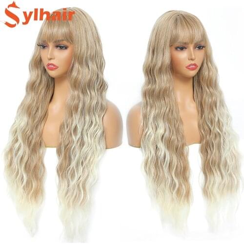 Sylhair Long Curly Wigs with Bangs 30 Inch 613 Mixed Blond Wig Synthetic Curly Wig for Daily Long Wavy Wig for Women