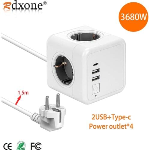 Travel EU Plug Adapter Wall Socket with Switch Extension Cord 3 Outlets 3 USB Ports Home Travel Charging