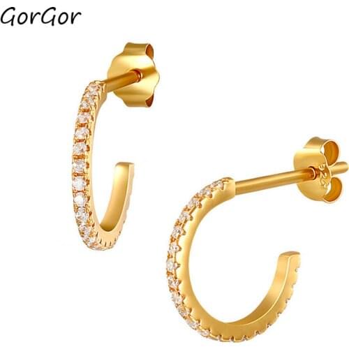 GorGor Clip Earrings Women 925 Sterling Pattern C-letter Semicircle Pendant Mosaic Zirconia Simplicity Party Jewelry 60201521006